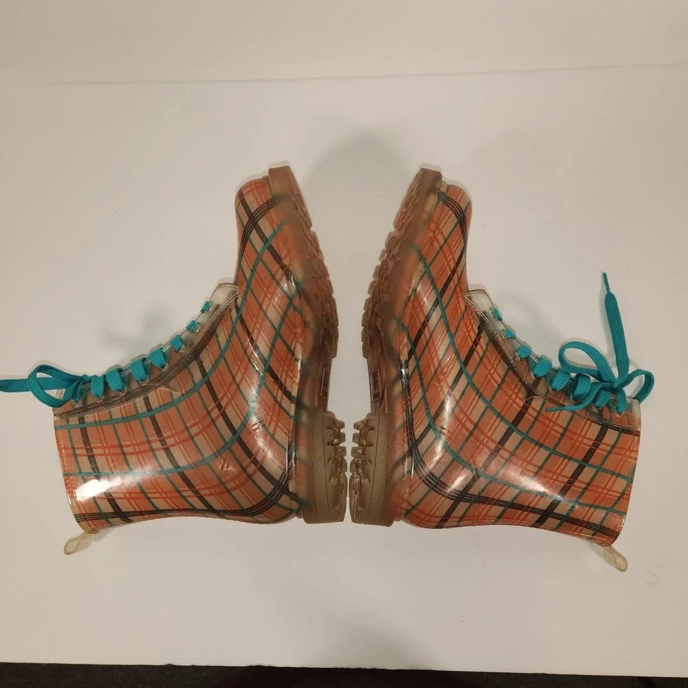 BONGO Plaid Rain Boot Women Size 9 Orange Blue Clear Jelly Lace Up Cottagecore